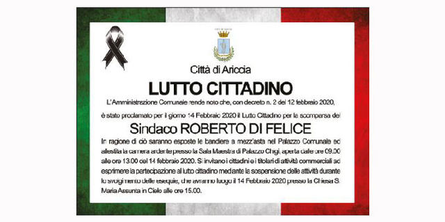 Proclamazione lutto cittadino per la scomparsa del Sindaco Roberto Di Felice